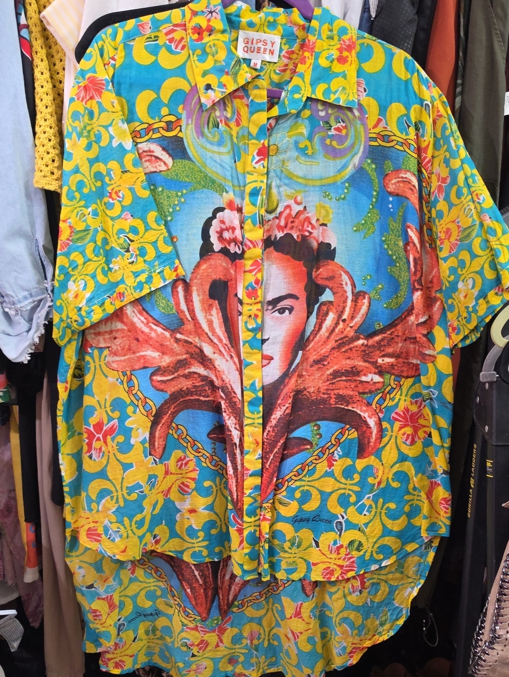 Frida Tropical Portrait Button-Down Hi-Low Shirt in Blue & Yellow